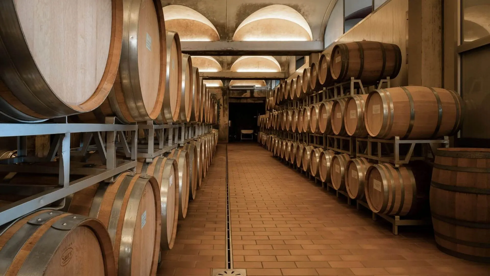La barricaia della cantina Eligio Magri: il corridoio fra le botti di rovere, sotto le volte illuminate